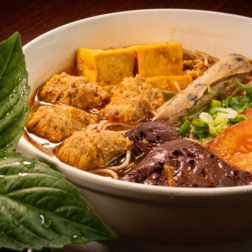 Close-up of a Vietnamese noodle soup with meatballs, tofu, tomatoes, and basil.
