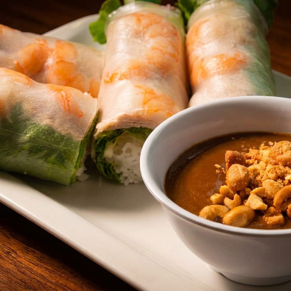 Four fresh shrimp spring rolls with lettuce and rice noodles, served with a peanut dipping sauce.