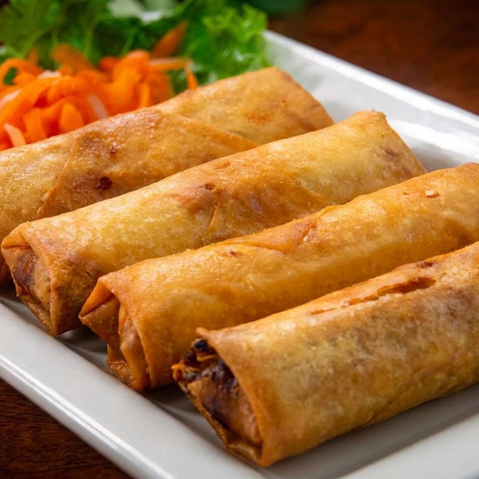 Four crispy golden spring rolls on a white rectangular plate with shredded carrots and lettuce.