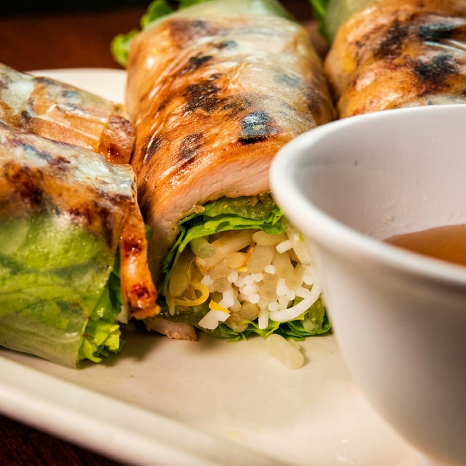 Grilled chicken spring rolls with lettuce, rice noodles, and a side of dipping sauce.