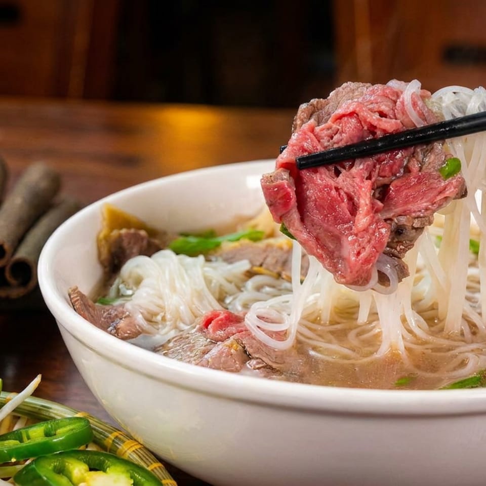 Chopsticks lifting beef and noodles from a steaming bowl of pho, with lime and jalapeños.