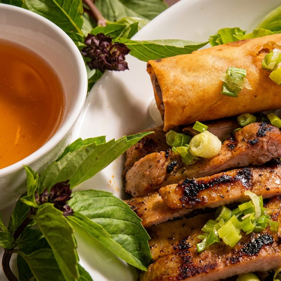 A Vietnamese dish with grilled pork, shrimp, an egg roll, and a side of dipping sauce.