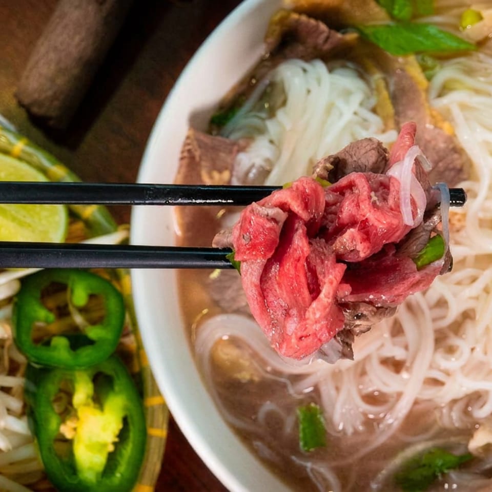 Chopsticks lifting raw beef from a bowl of pho with a side of bean sprouts and lime.