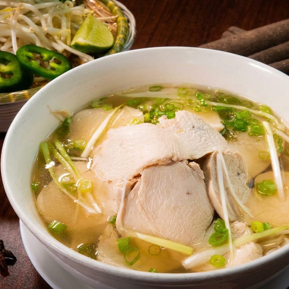 A bowl of chicken pho with a side of bean sprouts, jalapeños, and lime.