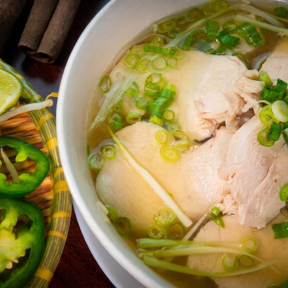A bowl of chicken pho with a side of bean sprouts, lime, and jalapeños.