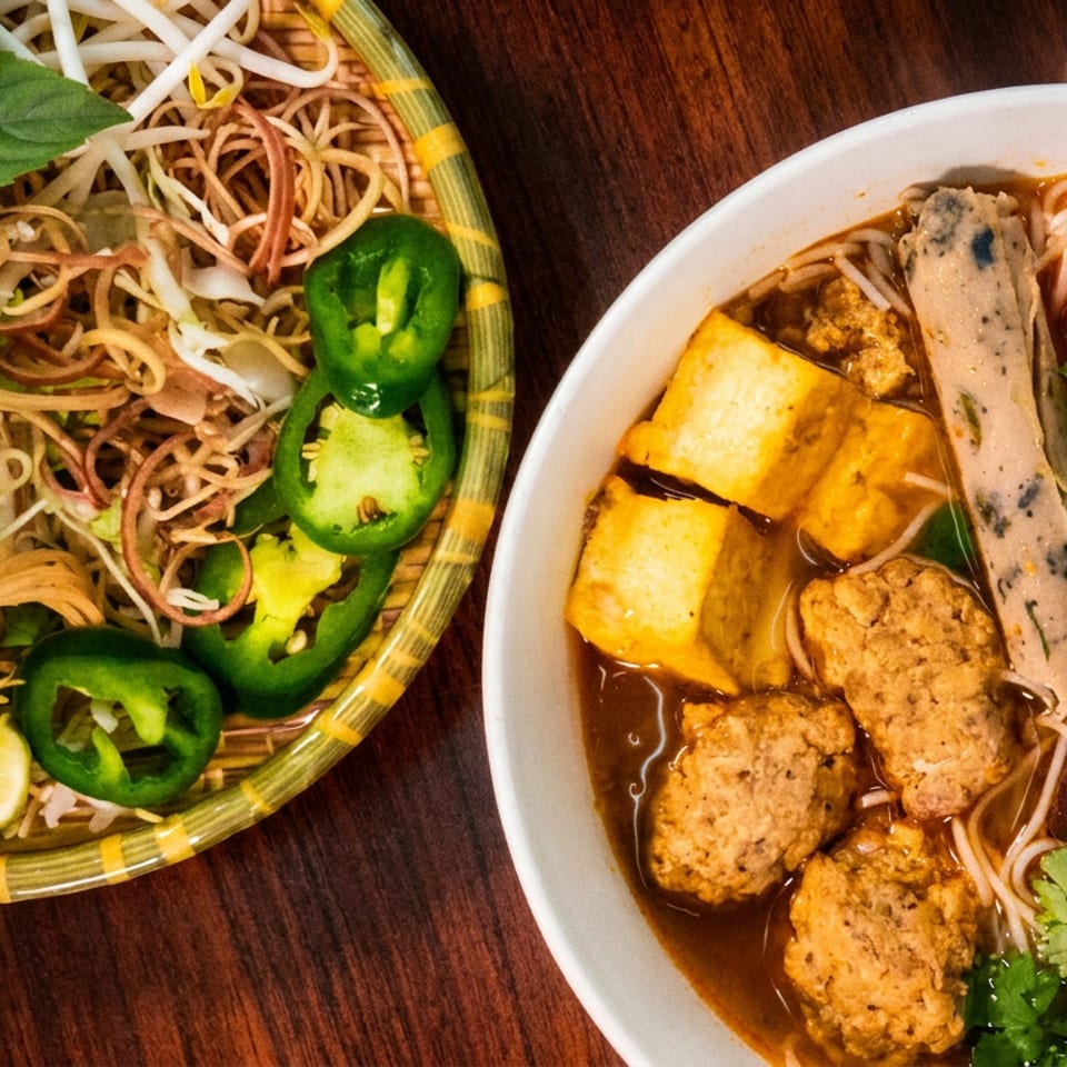 A bowl of Vietnamese bún riêu with tofu, meatballs, tomatoes, and a side of fresh herbs.
