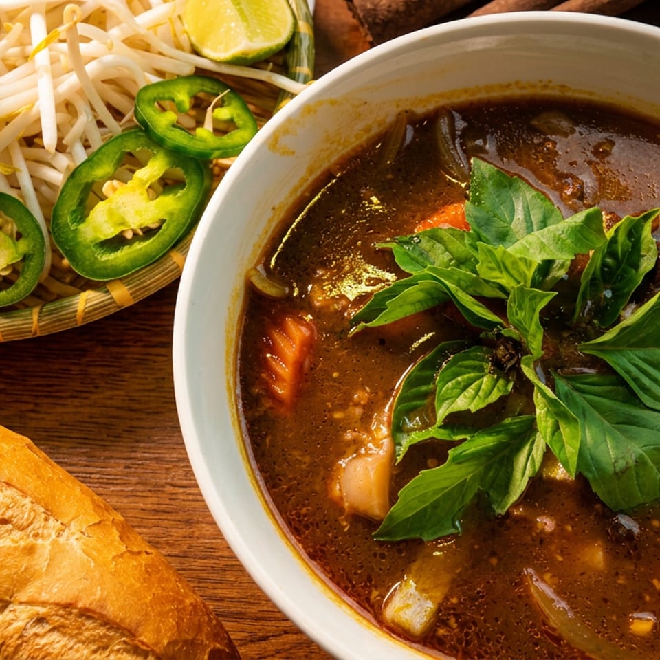 Vietnamese beef stew (Bò Kho) with a baguette, bean sprouts, basil, jalapeños, and lime.