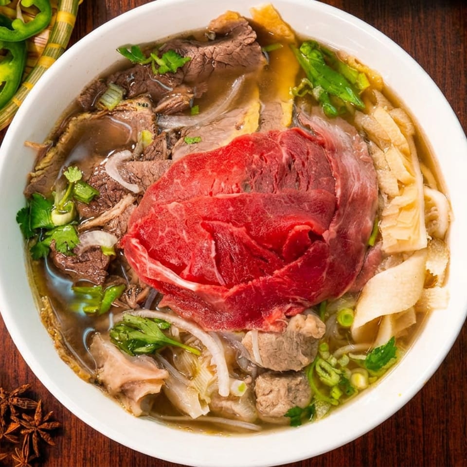 Overhead view of a large bowl of pho with various cuts of beef, noodles, and broth.